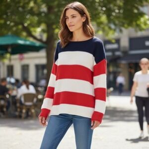 Marled Womens Sweater Sz M Striped Cotton Knit Red White‎ Long Sleeve Boat Neck